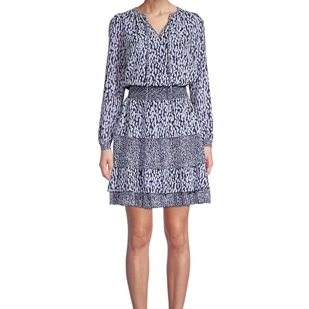 MICHAEL KORS navy printed tiered long sleeves v-neck dress